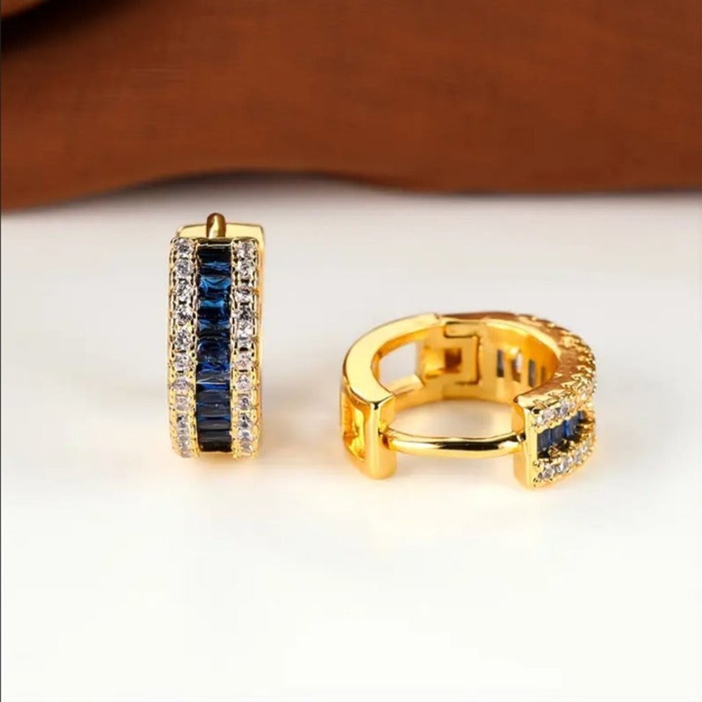 14K Gold Womens 1ct Blue Sapphire Gemstone 2ct Diamond Huggie Hoop Earrings 14 K - Picture 6 of 8
